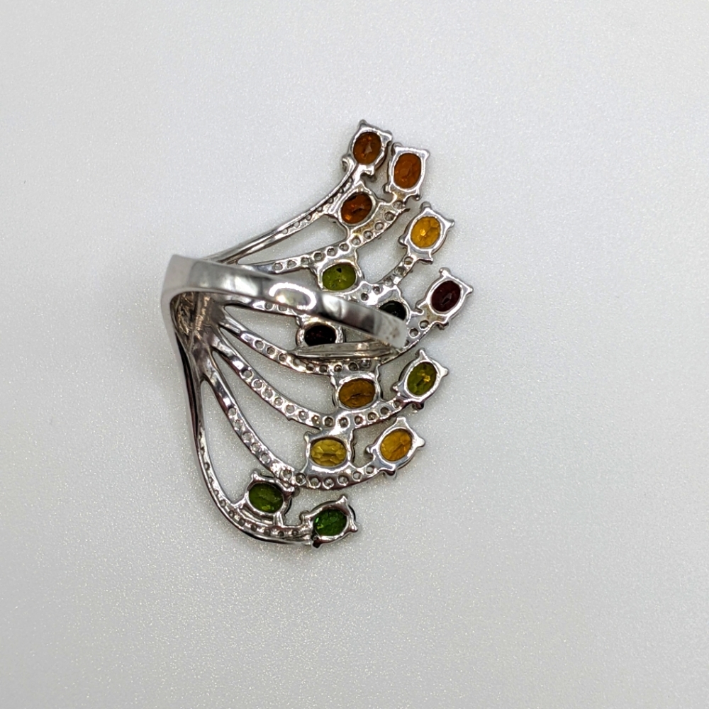 Multi-colored Tourmaline Gemstone Fan Design Ring Sterling Silver - Picture 10 of 14